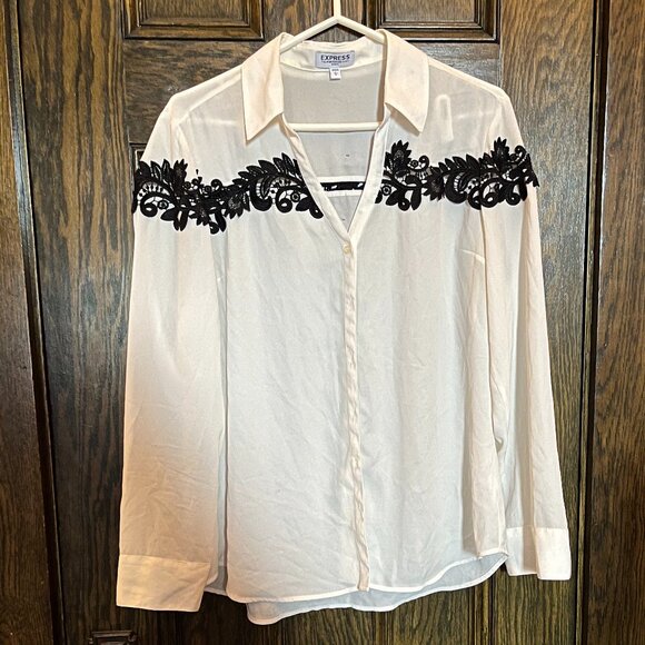 Express Portofino Button Down Dress Shirt - White with Blk Floral Print (Large) - Picture 1 of 4